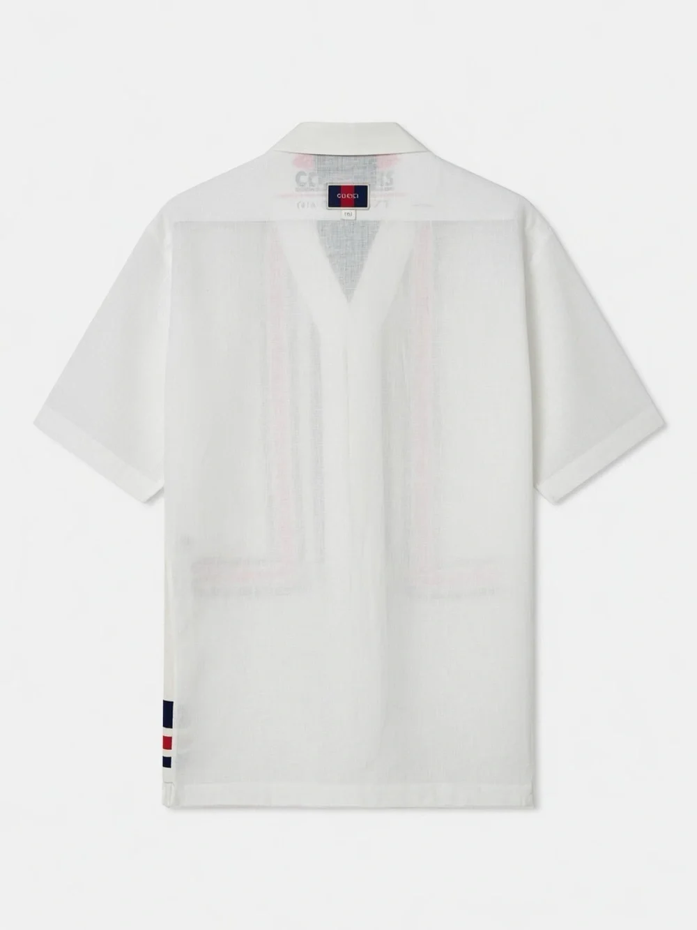 Gucci White Short-Sleeve Button-Down Shirt with Navy and Red Stripes